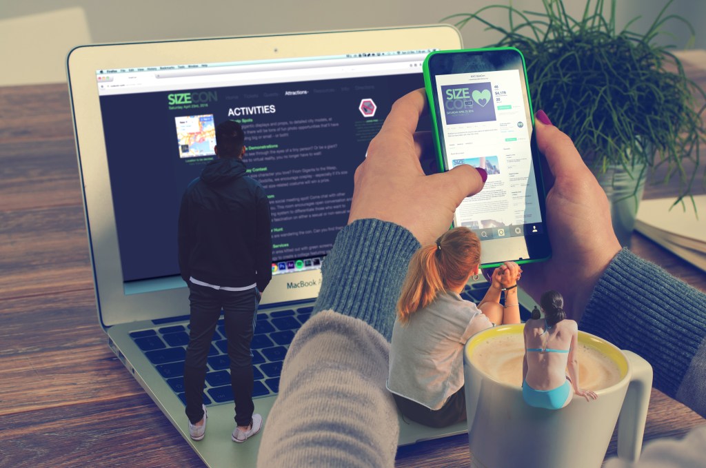 Various-sized people browsing the SizeCon website on a laptop and mobile phone