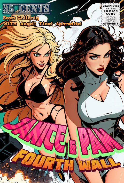 A blonde giantess and a brunette giantess rampaging through a city