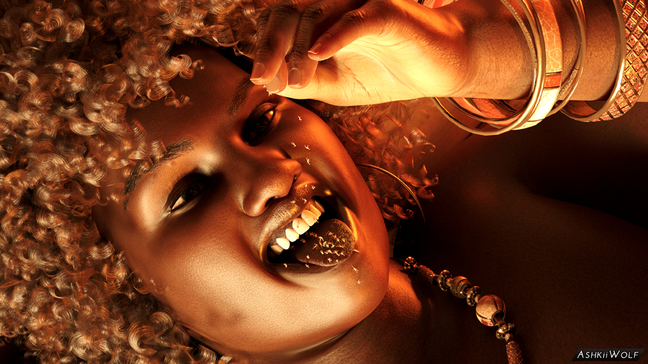 A black woman with brass-colored curly hair, her head tilted back and her smiling mouth open wide to receive dozens of ant-sized people that she is sprinkling from her fingers held above her head.