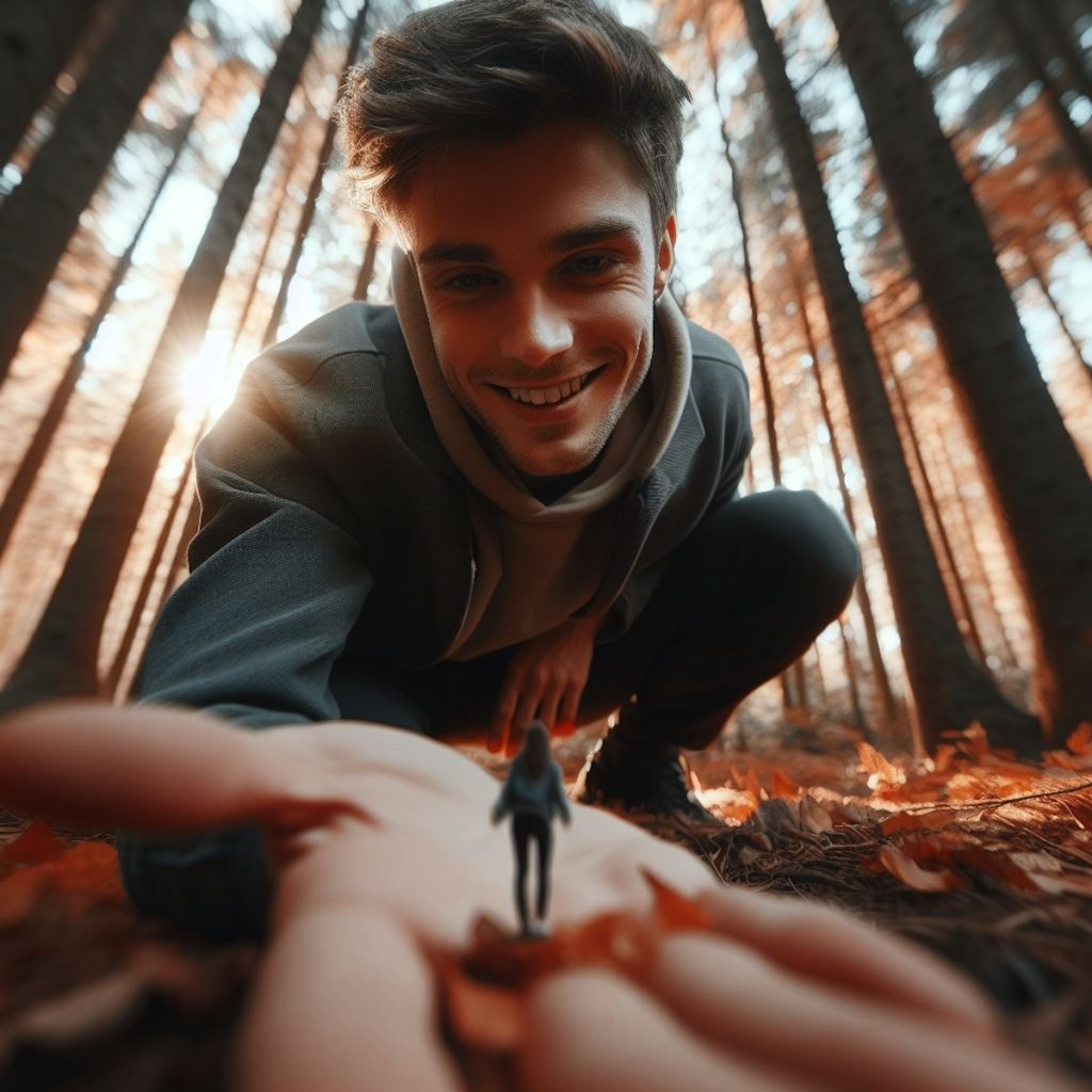 A man in the woods is squatting down and laying his open palm on the ground. A two-inch-tall woman with her back to the viewer has just stepped into his hand, and he is smiling at her.